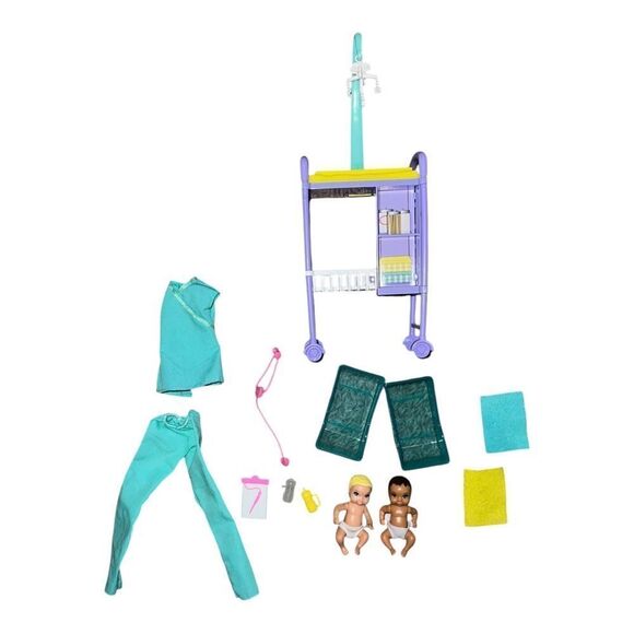 Barbie Baby Doctor Careers Playset 14 Pieces Scrubs Bottles Exam Table Chart EUC - Picture 1 of 4